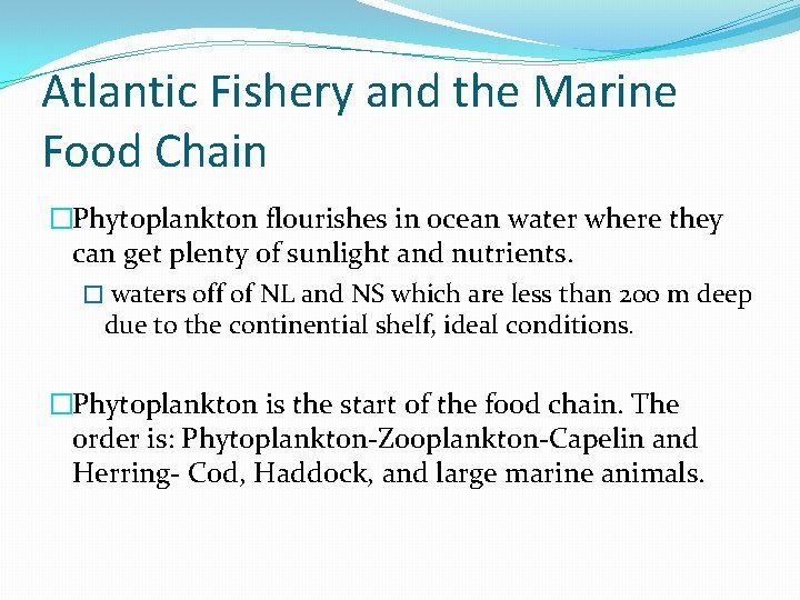 Atlantic Fishery and the Marine Food Chain �Phytoplankton flourishes in ocean water where they