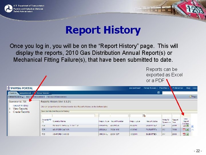 U. S. Department of Transportation Pipeline and Hazardous Materials Safety Administration Report History Once