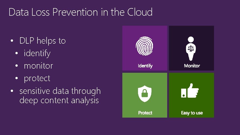 Data Loss Prevention in the Cloud • DLP helps to • identify • monitor