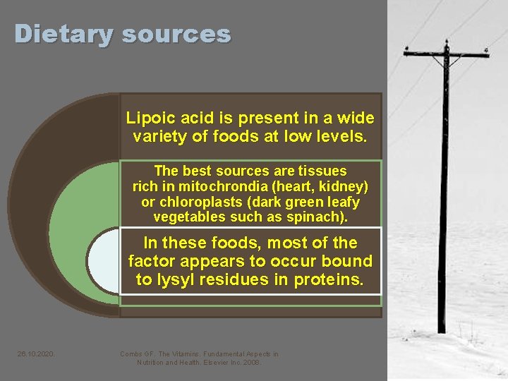 Dietary sources Lipoic acid is present in a wide variety of foods at low