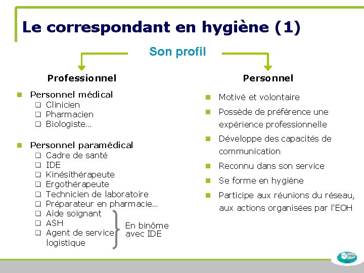 Le correspondant en hygiène (1) Son profil Professionnel n Personnel médical q Clinicien q