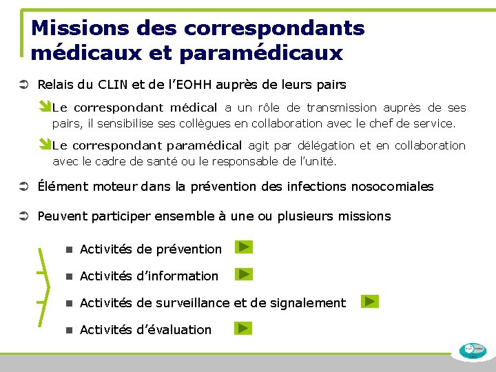 Missions des correspondants médicaux et paramédicaux Ü Relais du CLIN et de l’EOHH auprès