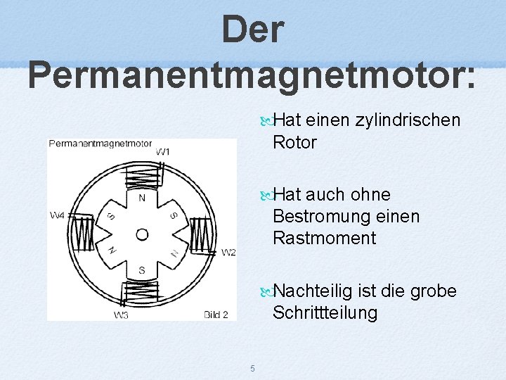 Der Permanentmagnetmotor: Hat einen zylindrischen Rotor Hat auch ohne Bestromung einen Rastmoment Nachteilig ist