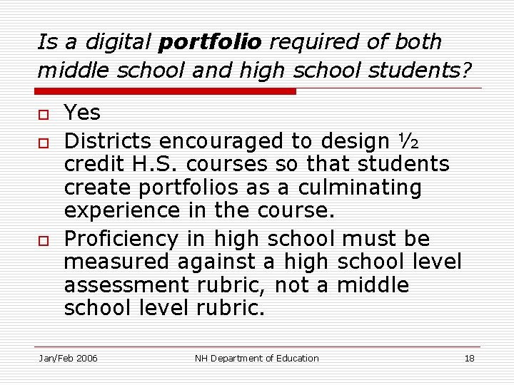 Is a digital portfolio required of both middle school and high school students? o