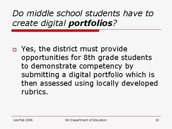 Do middle school students have to create digital portfolios? o Yes, the district must