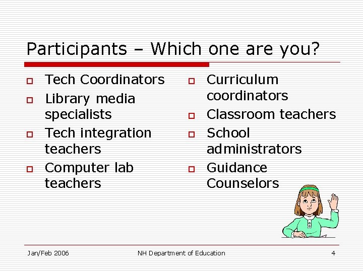 Participants – Which one are you? o o Tech Coordinators Library media specialists Tech