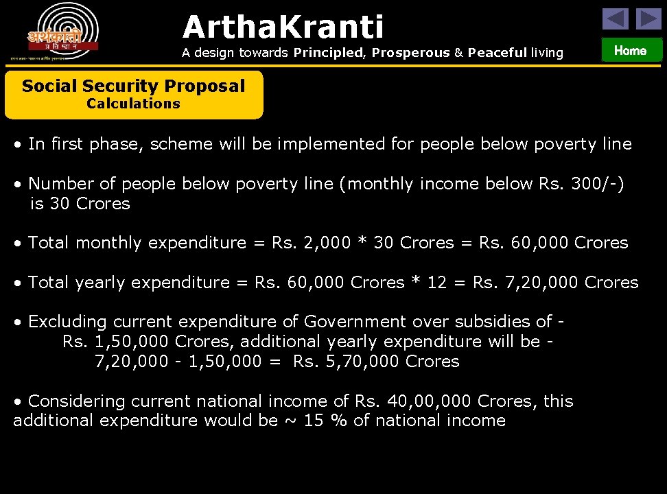 Artha. Kranti A design towards Principled, Prosperous & Peaceful living Home Social Security Proposal