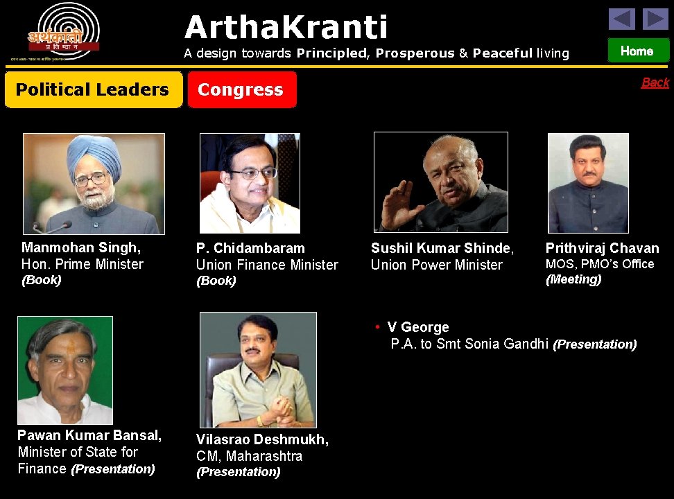 Artha. Kranti A design towards Principled, Prosperous & Peaceful living Political Leaders Home Back