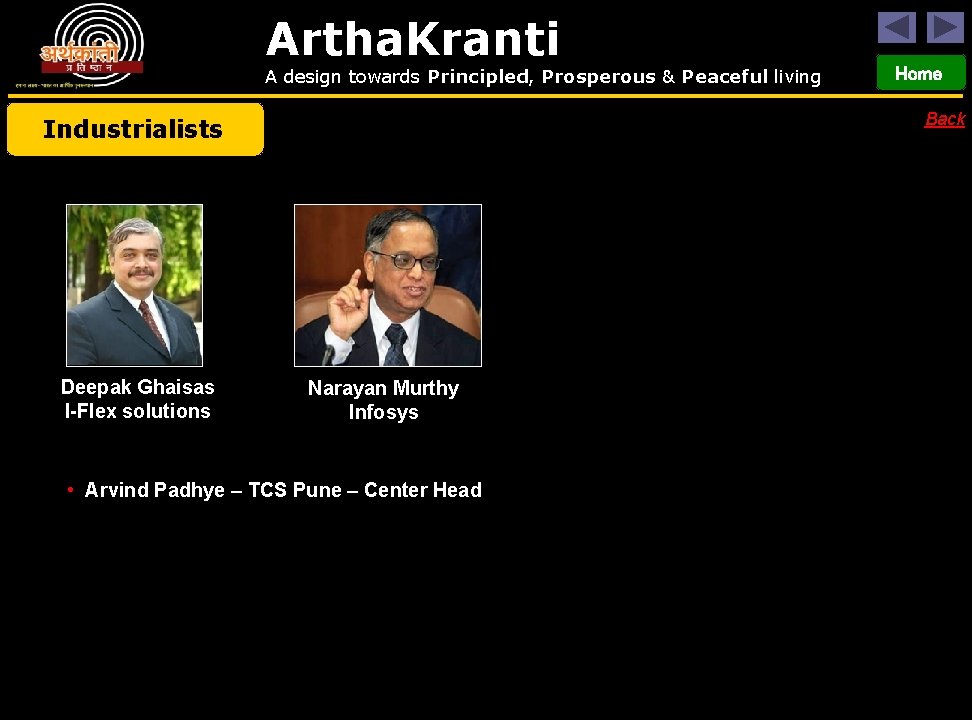 Artha. Kranti A design towards Principled, Prosperous & Peaceful living Back Industrialists Deepak Ghaisas
