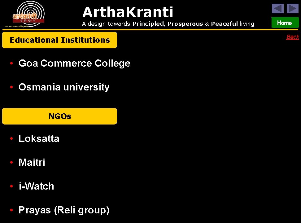 Artha. Kranti A design towards Principled, Prosperous & Peaceful living Educational Institutions • Goa