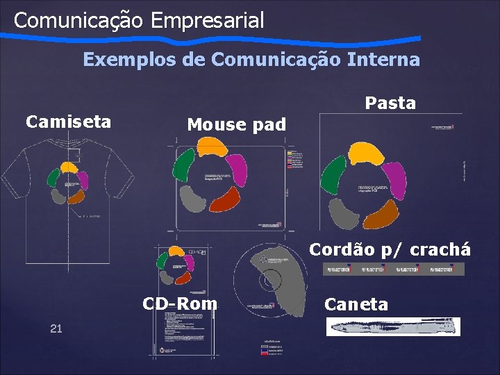 Comunicação Empresarial Exemplos de Comunicação Interna Camiseta Pasta Mouse pad Cordão p/ crachá CD-Rom