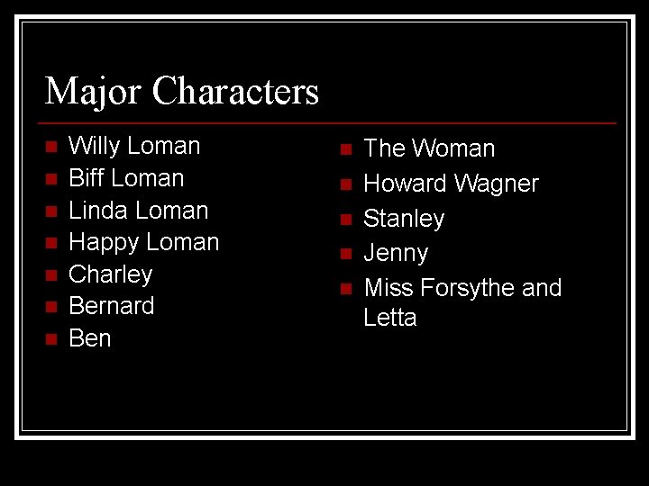 Major Characters n n n n Willy Loman Biff Loman Linda Loman Happy Loman