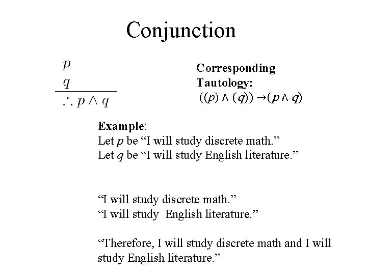 Conjunction Corresponding Tautology: ((p) ∧ (q)) →(p ∧ q) Example: Let p be “I