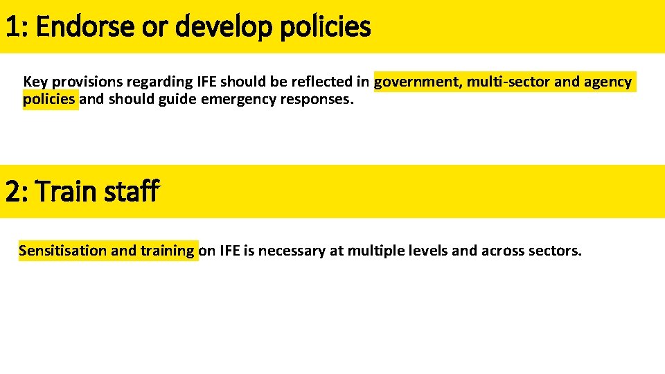 1: Endorse or develop policies Key provisions regarding IFE should be reflected in government,