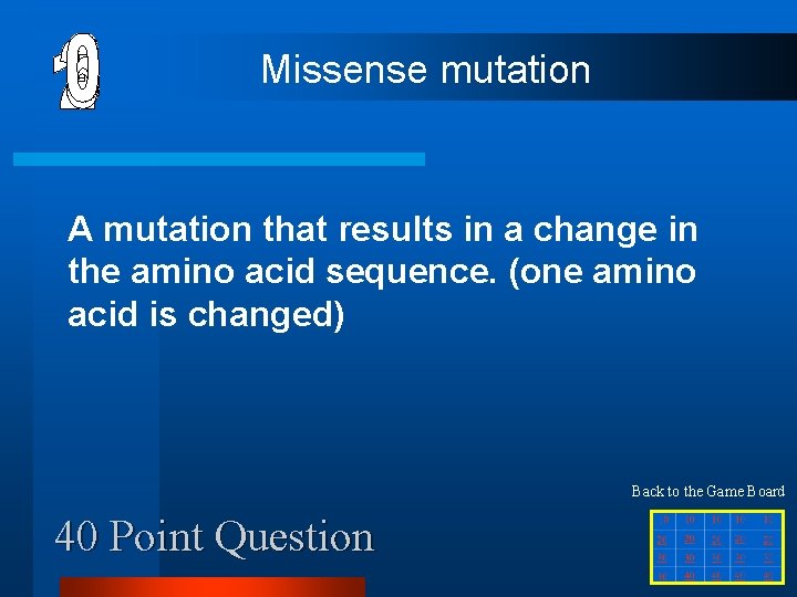 Missense mutation A mutation that results in a change in the amino acid sequence.