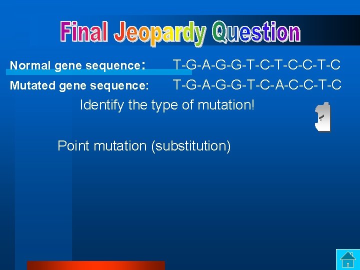 Normal gene sequence: T-G-A-G-G-T-C-C-T-C Mutated gene sequence: T-G-A-G-G-T-C-A-C-C-T-C Identify the type of mutation! Point