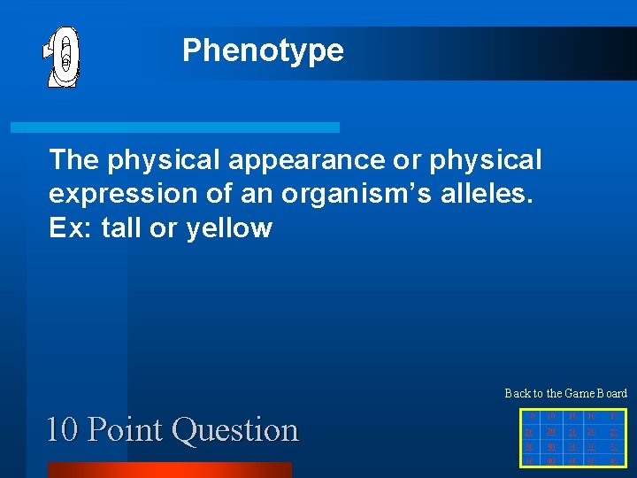 Phenotype The physical appearance or physical expression of an organism’s alleles. Ex: tall or