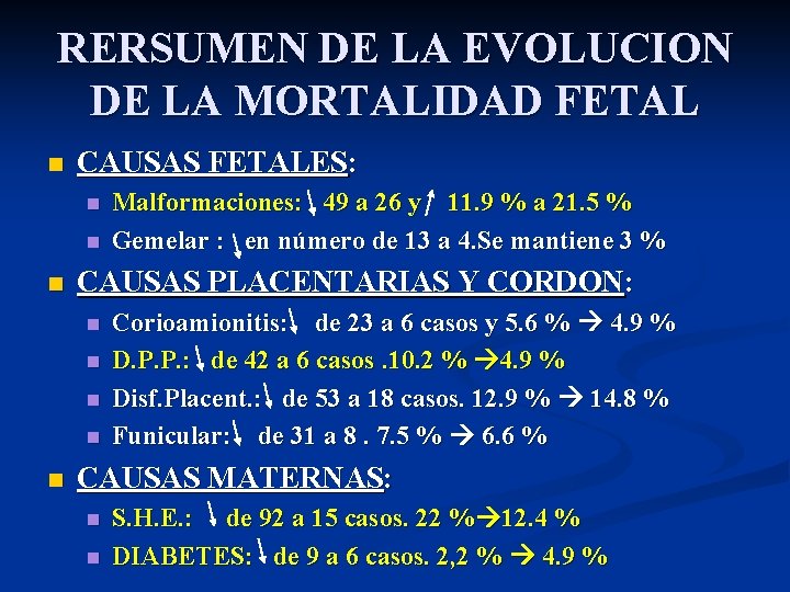 RERSUMEN DE LA EVOLUCION DE LA MORTALIDAD FETAL n CAUSAS FETALES: n n n