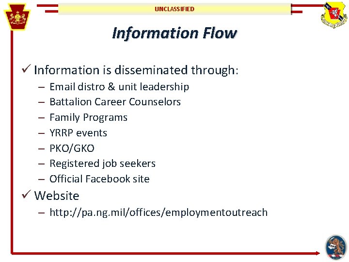 UNCLASSIFIED Information Flow ü Information is disseminated through: – – – – Email distro