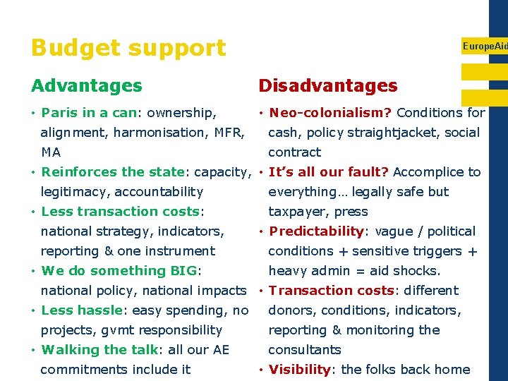 Budget support Europe. Aid Advantages Disadvantages • Paris in a can: ownership, • Neo-colonialism?