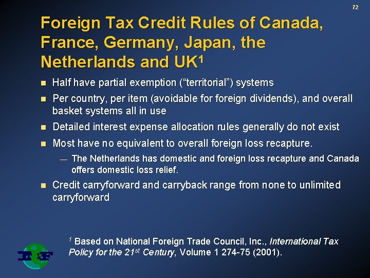 72 Foreign Tax Credit Rules of Canada, France, Germany, Japan, the Netherlands and UK