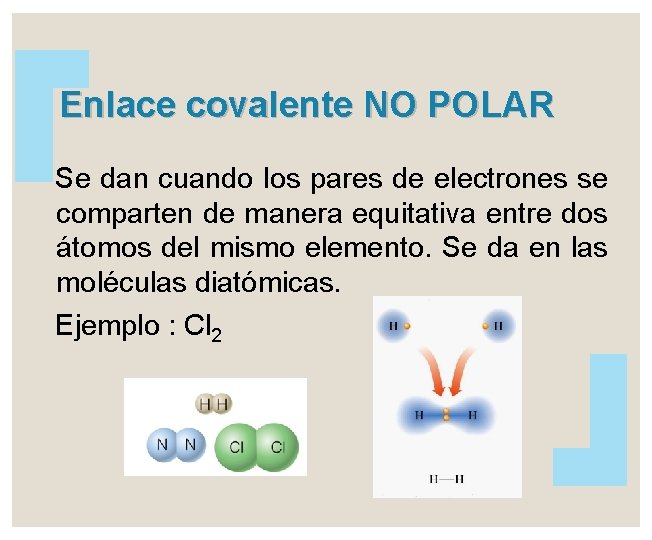 Enlace covalente NO POLAR Se dan cuando los pares de electrones se comparten de