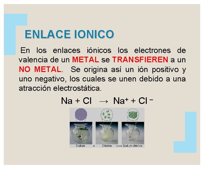 ENLACE IONICO En los enlaces iónicos los electrones de valencia de un METAL se