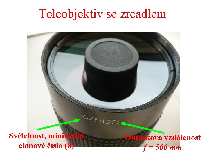Teleobjektiv se zrcadlem Světelnost, minimální clonové číslo (8) Ohnisková vzdálenost f = 500 mm