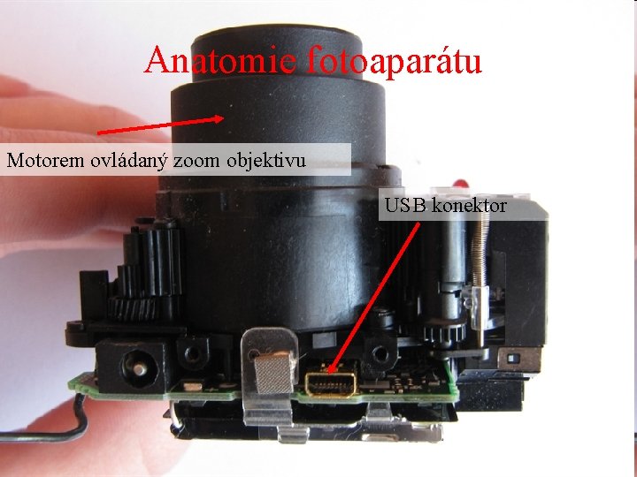 Anatomie fotoaparátu Motorem ovládaný zoom objektivu USB konektor 