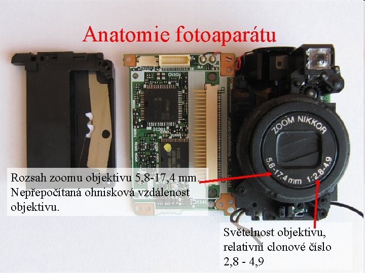 Anatomie fotoaparátu Rozsah zoomu objektivu 5, 8 -17, 4 mm. Nepřepočítaná ohnisková vzdálenost objektivu.