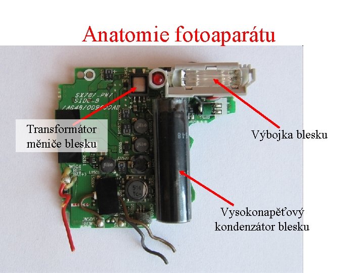 Anatomie fotoaparátu Transformátor měniče blesku Výbojka blesku Vysokonapěťový kondenzátor blesku 