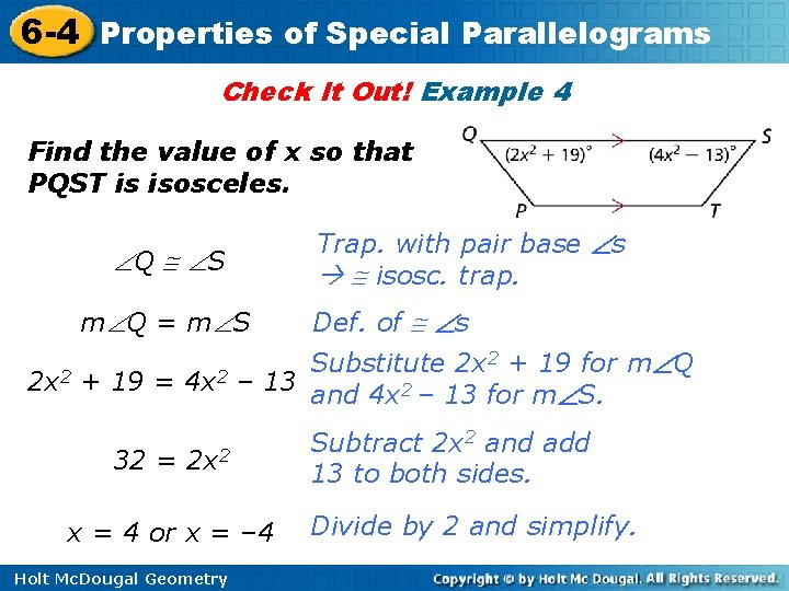 6 -4 Properties of Special Parallelograms Check It Out! Example 4 Find the value