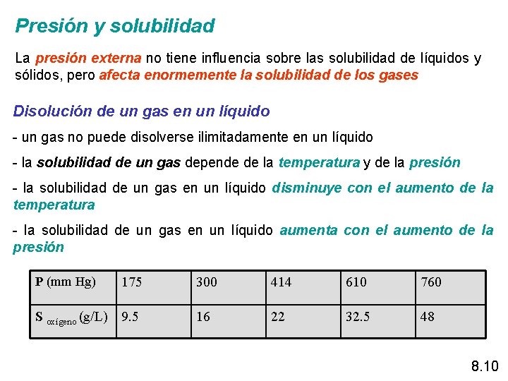 Presión y solubilidad La presión externa no tiene influencia sobre las solubilidad de líquidos