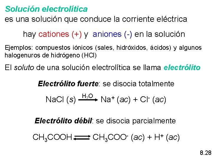 Solución electrolítica es una solución que conduce la corriente eléctrica hay cationes (+) y