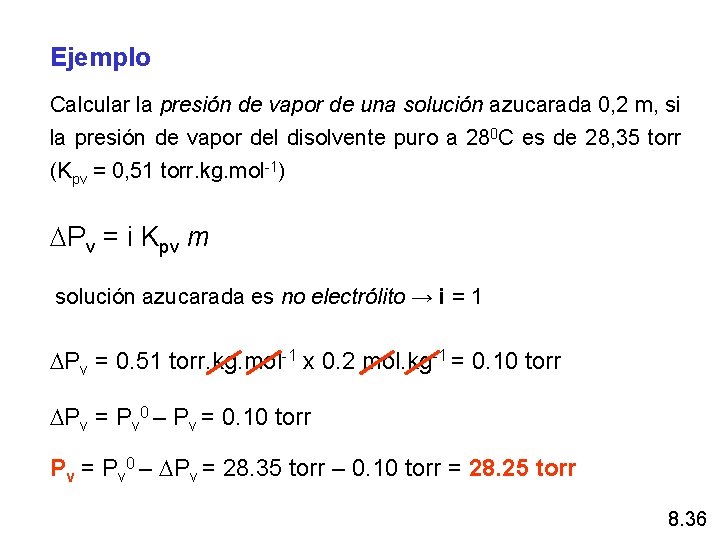 Ejemplo Calcular la presión de vapor de una solución azucarada 0, 2 m, si