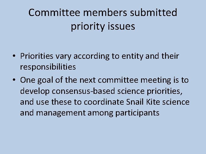 Committee members submitted priority issues • Priorities vary according to entity and their responsibilities