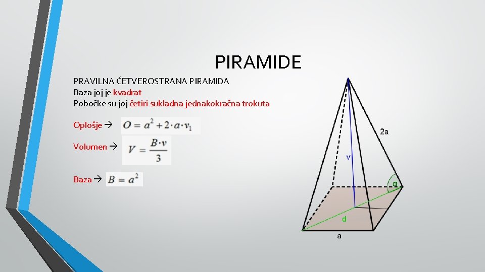 PIRAMIDE PRAVILNA ČETVEROSTRANA PIRAMIDA Baza joj je kvadrat Pobočke su joj četiri sukladna jednakokračna