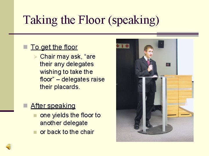 Taking the Floor (speaking) n To get the floor Ø Chair may ask, “are