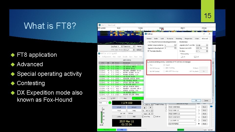 15 What is FT 8? FT 8 application Advanced Special operating activity Contesting DX