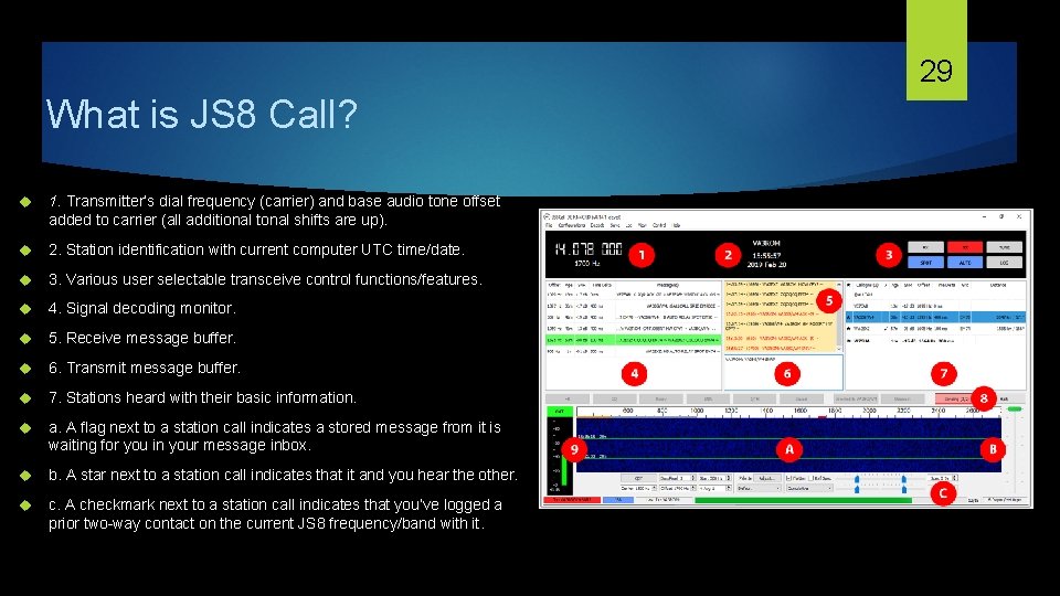 29 What is JS 8 Call? 1. Transmitter’s dial frequency (carrier) and base audio