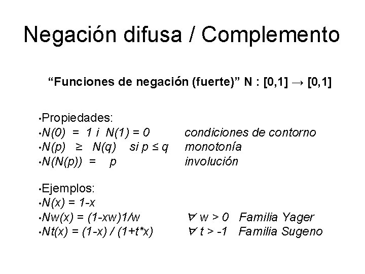 Negación difusa / Complemento “Funciones de negación (fuerte)” N : [0, 1] → [0,