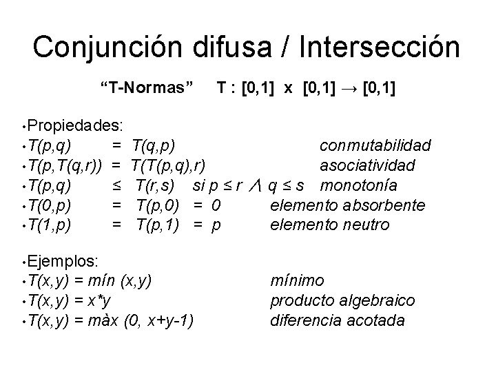 Conjunción difusa / Intersección “T-Normas” T : [0, 1] x [0, 1] → [0,