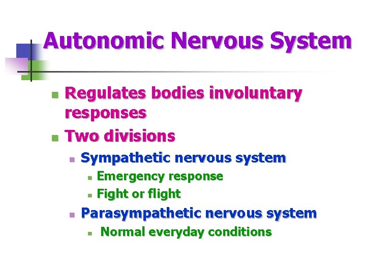 Autonomic Nervous System n n Regulates bodies involuntary responses Two divisions n Sympathetic nervous