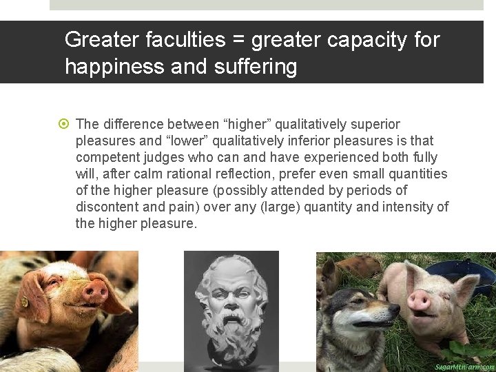 Greater faculties = greater capacity for happiness and suffering The difference between “higher” qualitatively