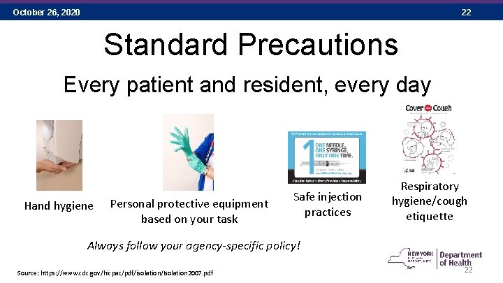 October 26, 2020 22 Standard Precautions Every patient and resident, every day Hand hygiene