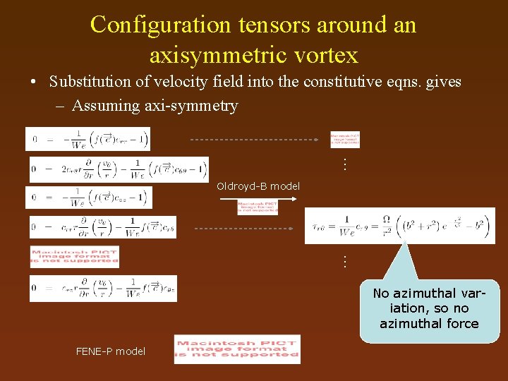Configuration tensors around an axisymmetric vortex • Substitution of velocity field into the constitutive