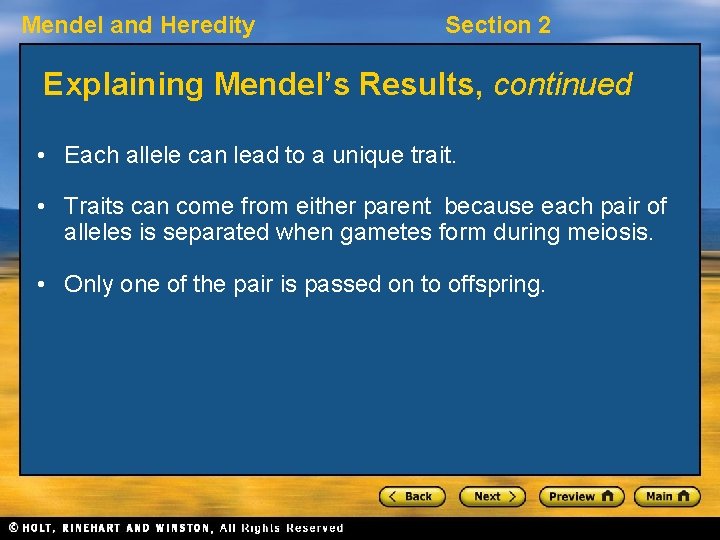 Mendel and Heredity Section 2 Explaining Mendel’s Results, continued • Each allele can lead