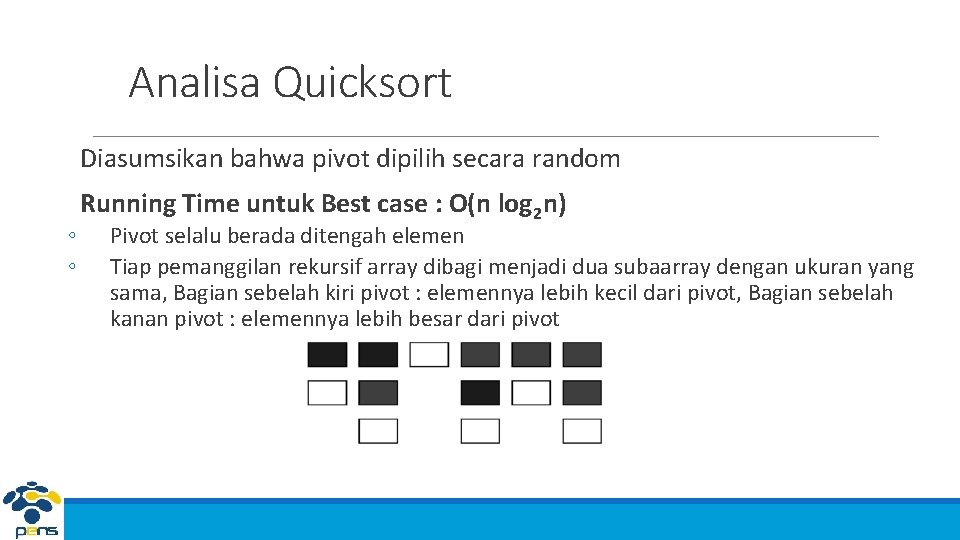 Analisa Quicksort Diasumsikan bahwa pivot dipilih secara random ◦ ◦ Running Time untuk Best