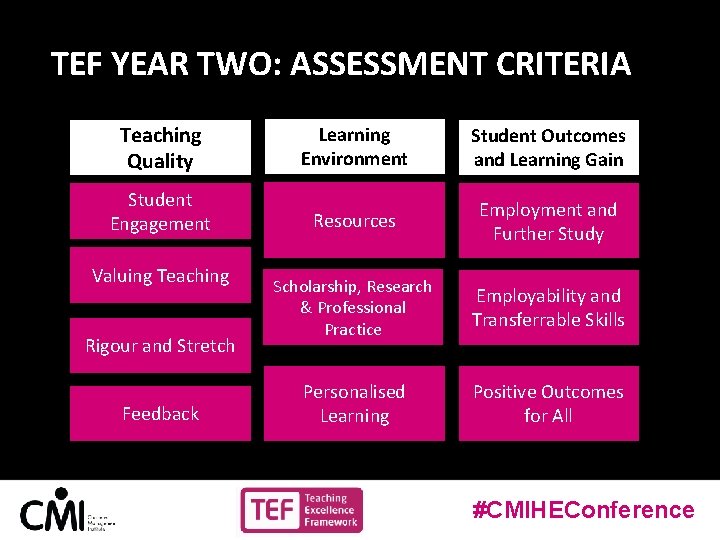 TEF YEAR TWO: ASSESSMENT CRITERIA Teaching Quality Learning Environment Student Outcomes and Learning Gain