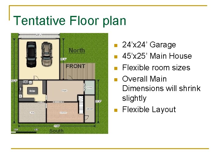 Tentative Floor plan n n 24’x 24’ Garage 45’x 25’ Main House Flexible room